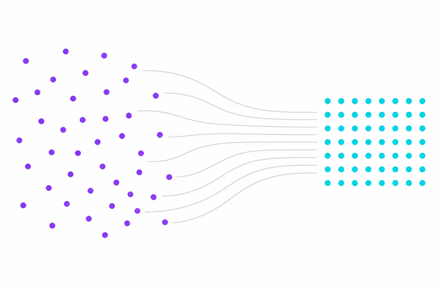 Scattered purple dots becoming a cyan grid. Cover for credit union digital transformation.