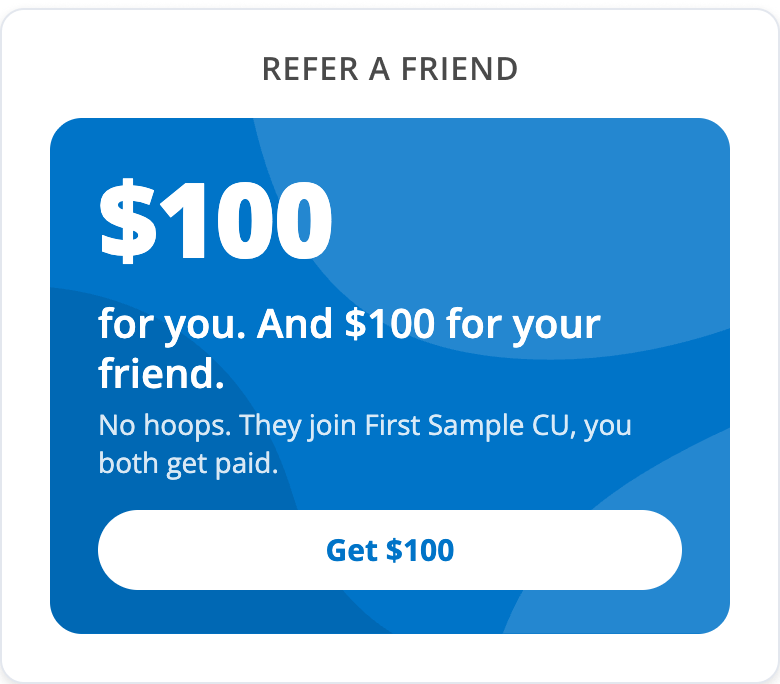 Bold refer-a-friend content block in the institution's brand colors