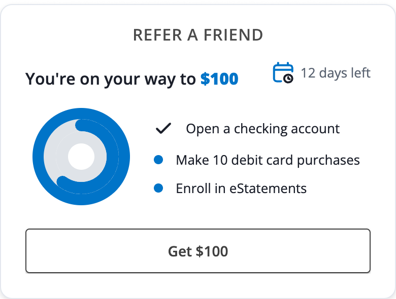 Refer-a-friend block showing a member's progress on each referral requirement